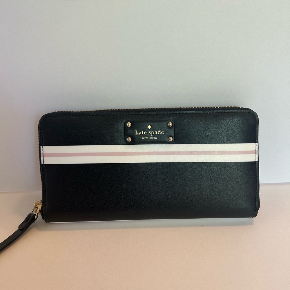 kate spade Black Wallet with Pink and White Stripe